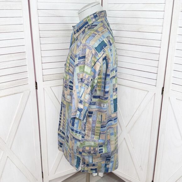 Tori Richard Geometric Print Button Up Camp Hawaiian Shirt Blue Green Tan Medium - Picture 2 of 11